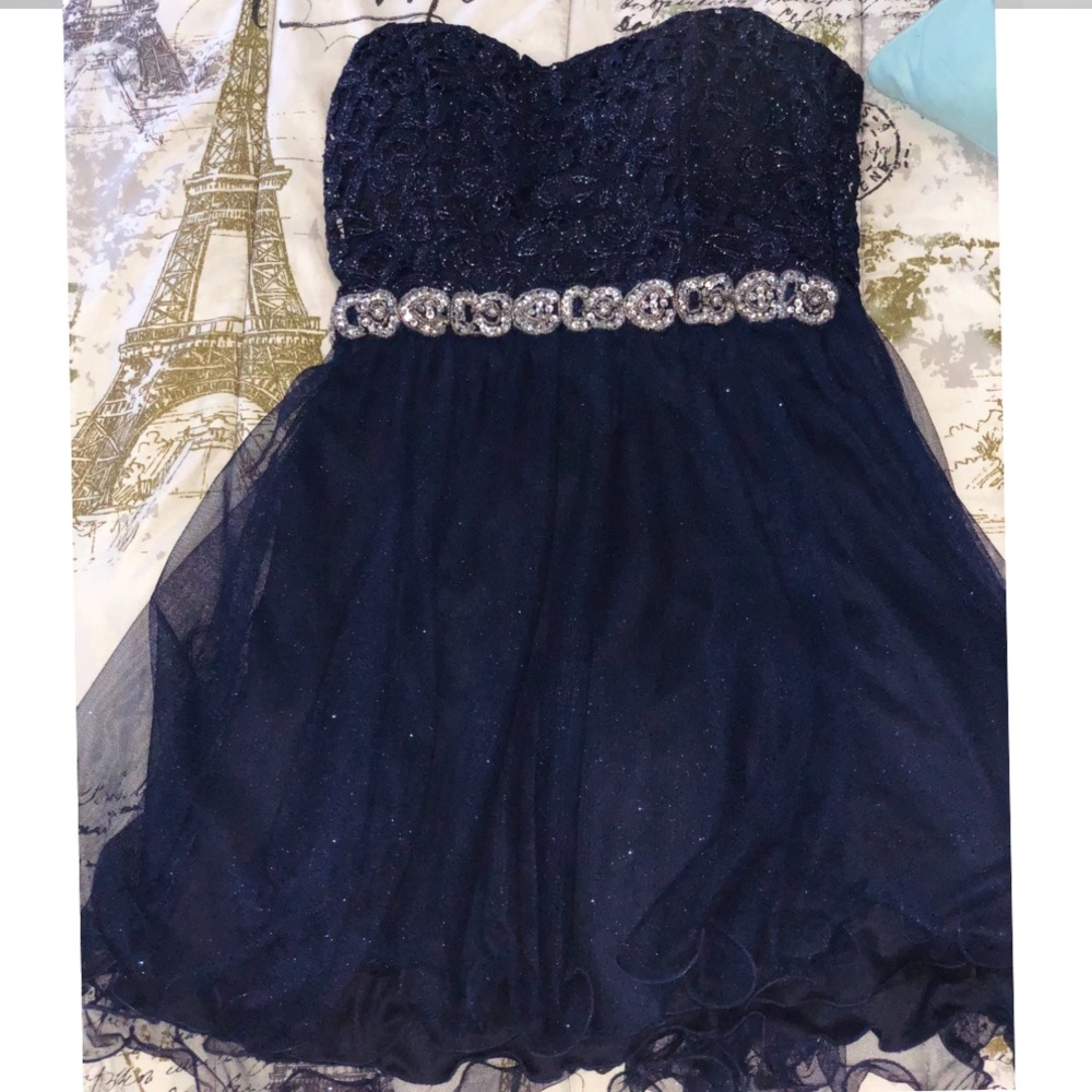 Navy blue sparkly short prom dress
